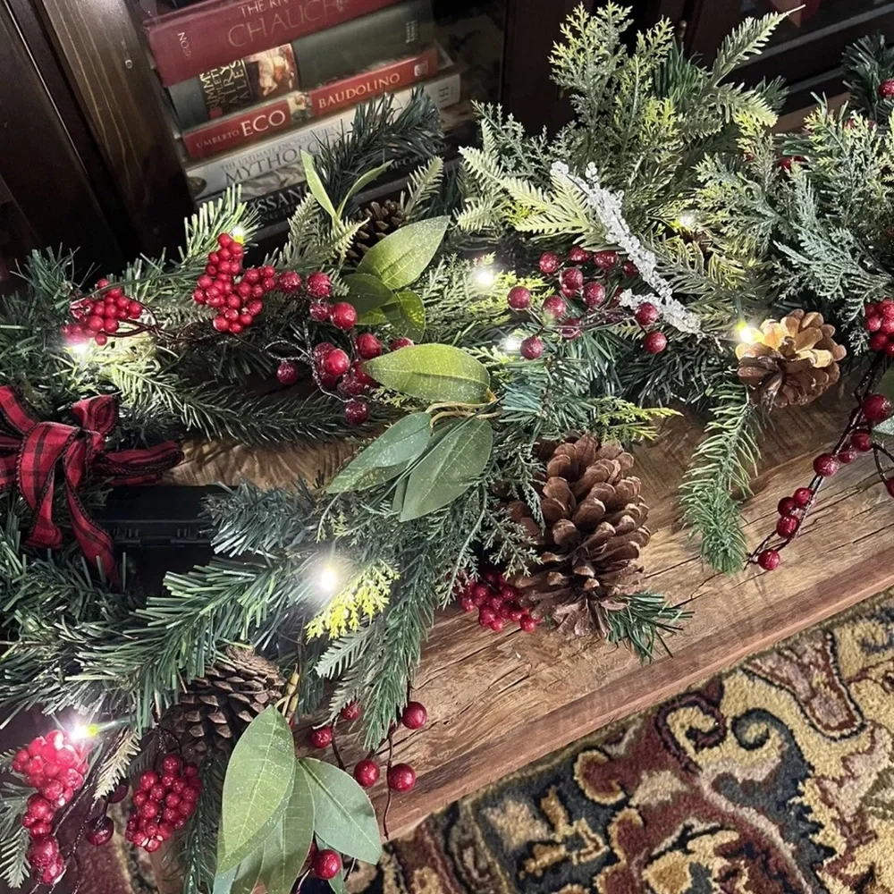 9 foot Premium Pre-lit Glittered Berries Pine Cones Garland, Farmhouse Christmas